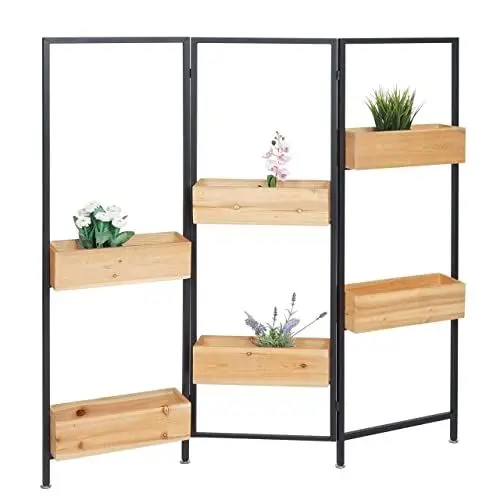 Produktbild: Raumteiler mit Pflanzkasten HWC-L32, Blumenkasten Raumtrenner, Holz-Stahl 116x118cm - Gestell schwarz, naturfarben