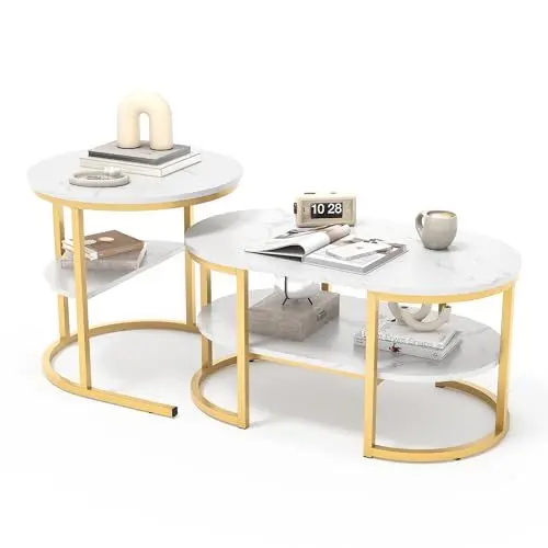 Produktbild: Ravas 2in1 Couchtisch Rund 2er Set, Wohnzimmertisch, Beistelltische Gold Metall, Kaffeetisch für Sofatisch,runder Beistelltisch und rechteckige Couchtische für Wohnzimmer, Schlafzimmer