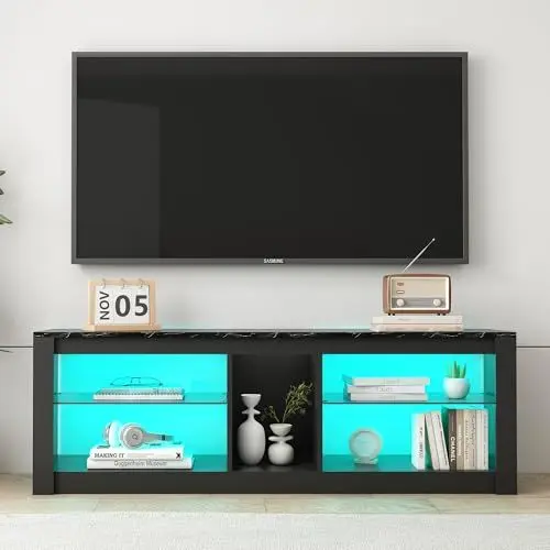 Produktbild: Ravas TV-Schrank mit LED-Leuchten Lowboard, Fernsehschrank mit Glasschublade, Fernsehtisch Sideboard, HiFi-Schrank TV-Möbel Tisch Board 140x35X47cm