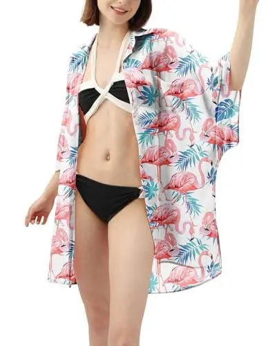 Produktbild: Rave on Friday Damen Strandkleid Sommer Strandtunika Kimono Bikini Cover Up Flamingo Druck Strandponcho Strandbluse für Bademode Strandmode XL