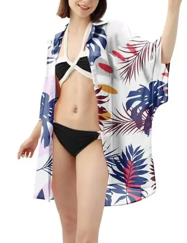 Produktbild: Rave on Friday Hawaii Kimono Damen Chiffon Strandkleid Bikini Cover Up Sommer Strandponcho Lässige Strandbluse für Badeanzug Strandmode M