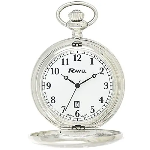 Produktbild: Ravel - Full-Hunter-Kalender-Taschenuhr mit Edelstahlkette - Silberton