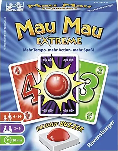 Produktbild: Ravensburger 26701 - Mau Mau Extreme, Kartenspiel mit Buzzer, Klassiker für 2-6 Spieler, Ablegespiel für Kinder und Erwachsene ab 6 Jahren