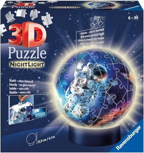 Produktbild: Ravensburger 3D Puzzle 11264 - Nachtlicht Puzzle-Ball Astronauten im Weltall - ab 6 Jahren, LED Nachttischlampe mit Klatsch-Schalter