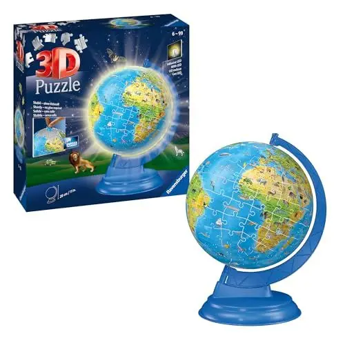 Produktbild: Ravensburger 3D Puzzle 11274 - Kinderglobus mit Licht in Deutscher Sprache - 180 Teile - Beleuchteter Globus aus dreidimensional geformten Puzzleteilen - für Kinder ab 6 Jahren