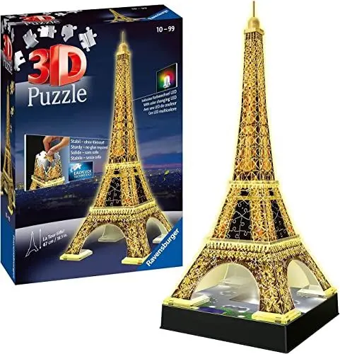 Produktbild: Ravensburger 3D Puzzle 12579 - Der Eiffelturm Night Edition - das weltbekannte Wahrzeichen von Paris - LED beleuchtetes 3D Modell zum selbst Aufbauen - ab 10 Jahren