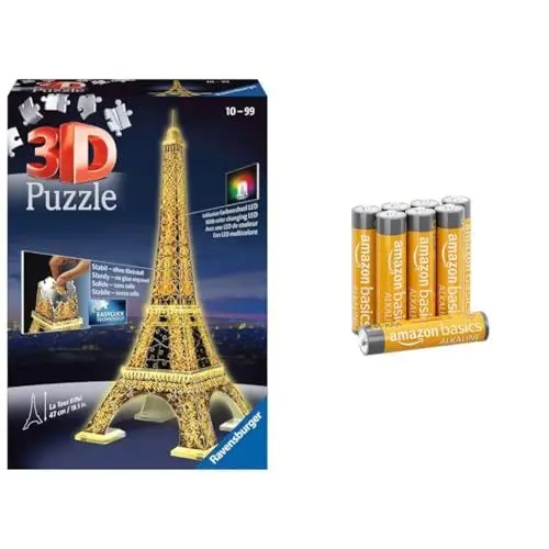 Produktbild: Ravensburger 3D Puzzle Eiffelturm in Paris bei Nacht 12579 - leuchtet im Dunkeln - 216 Teile - ab 10 Jahren & Amazon Basics AAA-Alkalibatterien, leistungsstark, 1,5 V, 8 Stück(Aussehen kann variieren)