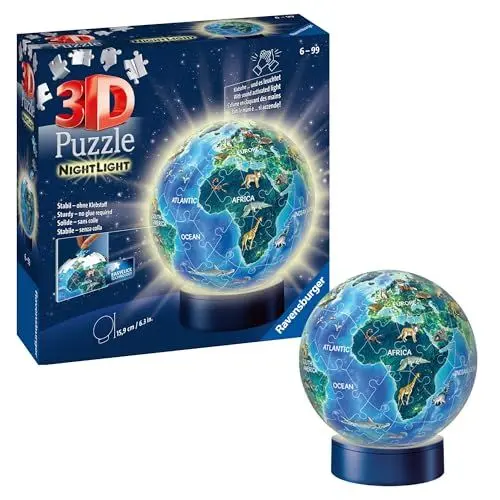 Produktbild: Ravensburger 3D Puzzle 11844 - Nachtlicht Erde bei Nacht - Puzzle-Ball Kinderglobus mit LED Leuchtsockel inkl. Klatsch-Mechanismus - Geschenkidee für Kinder ab 6 Jahren