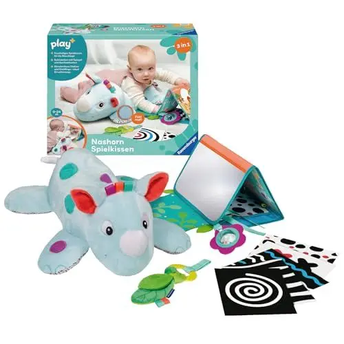 Produktbild: Ravensburger 4866 Play+ Nashorn Spielkissen (für die Bauchlage), 4-teiliges Set, Tummy Time Spielzeug, Kuscheltier trainiert die Bauchlage, für Babys ab 0 Monaten