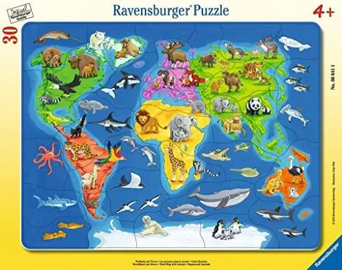 Produktbild: Ravensburger Kinderpuzzle - 06641 Weltkarte mit Tieren - Rahmenpuzzle für Kinder ab 4 Jahren, mit 30 Teilen