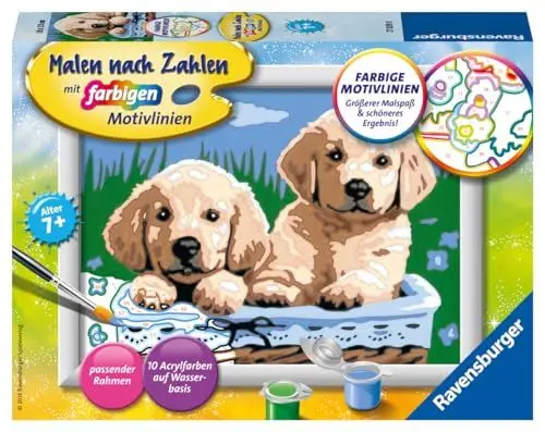 Produktbild: Ravensburger CreArt 27839 - Süße Hundewelpen - Malen nach Zahlen Hunde für Kinder ab 7 Jahre, Malset mit Rahmen, Pinsel und Acrylfarben, Geschenk für Mädchen und Jungen