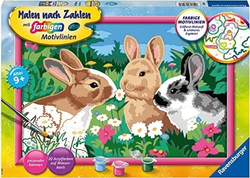 Produktbild: Ravensburger CreArt 28517 - Putzige Häschen - Malen nach Zahlen Kaninchen für Kinder ab 9 Jahre, Malset mit Rahmen, Pinsel und Acrylfarben, Geschenk für Mädchen und Jungen