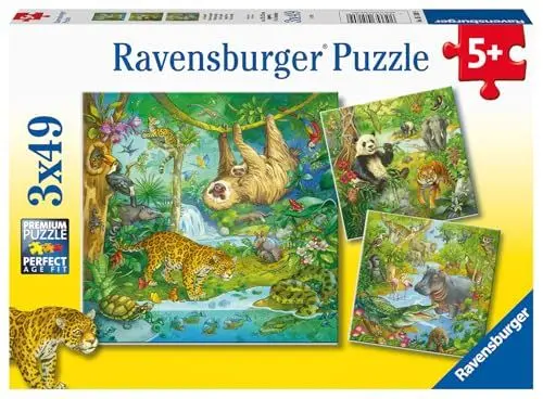 Produktbild: Ravensburger Kinderpuzzle - 05180 Im Urwald - Puzzle für Kinder ab 5 Jahren, mit 3 x 49 Teilen