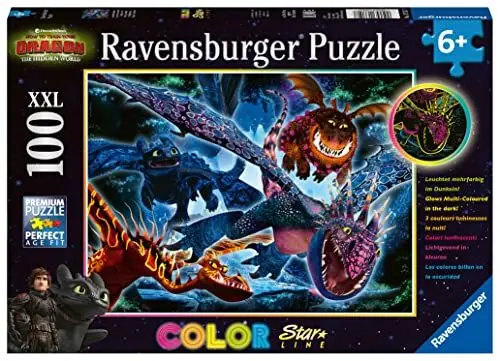 Produktbild: Ravensburger Kinderpuzzle - 13710 Leuchtende Dragons - Dragons-Leuchtpuzzle für Kinder ab 6 Jahren, mit 100 Teilen im XXL-Format, Leuchtet im Dunkeln