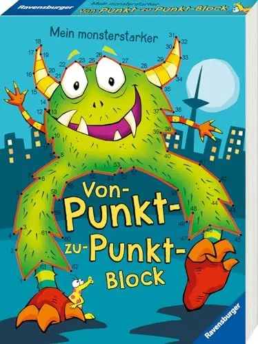 Produktbild: Ravensburger Mein monsterstarker Von-Punkt-zu-Punkt-Block - 100 lustige Motive zum Zahlen verbinden und Ausmalen, Rätselblock ab 5 Jahre, Geschenke für Kinder