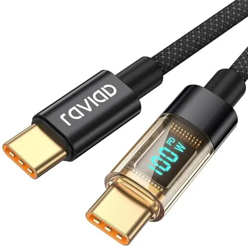 Produktbild: RAVIAD 100W USB C auf USB C Kabel, 1.2M 5A Schnellladekabel Ladekabel PD QC3.0 with LED Display für iPhone 16/15 Pro Max, Samsung Galaxy S24/S23/S22/S21, Pad Pro, MacBook Air, Tablets, Huawei, Pixel