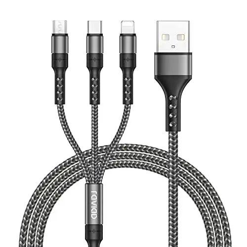 Produktbild: RAVIAD Multi USB Kabel, Universal Ladekabel (1.2M) Nylon Multi USB Ladekabel 3 in 1 mit Micro USB Typ C Lightning Kabel für iPhone 16 15 14 Pro Max, Galaxy S25 S24 S23, Huawei, Pixel, PS5-Grau