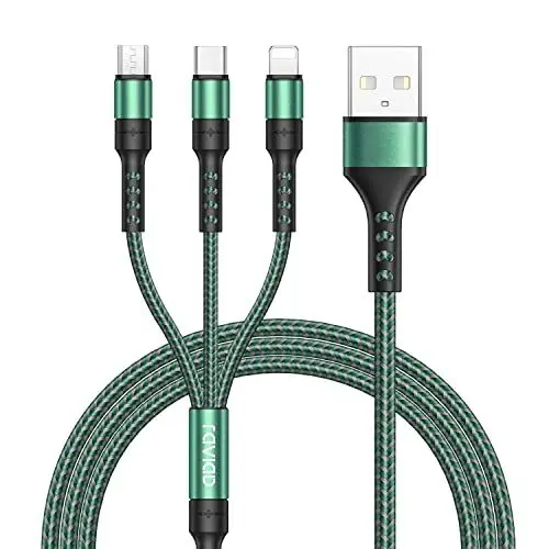 Produktbild: RAVIAD Multi USB Kabel, Universal Ladekabel (1.2M) Nylon Schnell 3 in 1 Mehrfach Ladekabel mit Micro USB Typ C Lightning Kabel für iPhone, Android Samsung Galaxy, Huawei, Oneplus, HTC, LG-Grün