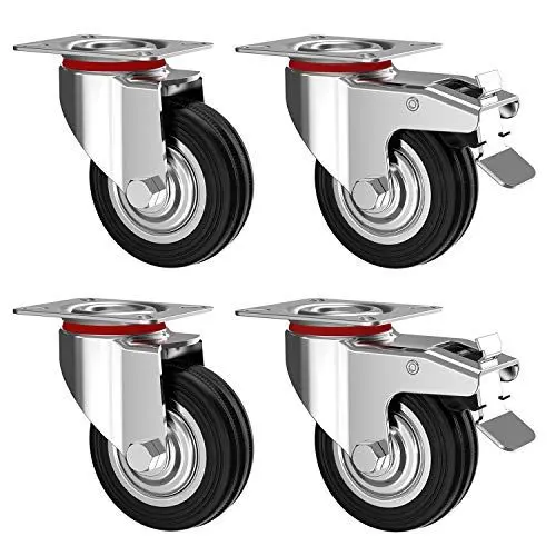 Produktbild: RAVN HAMAN 4er Set Transportrollen 75 mm - Schwerlastrollen mit Bremse bis 50 kg pro Rad - Lenkrollen für innen und außen - Industrierollen aus Vollgummi - Lautlose Gummirollen