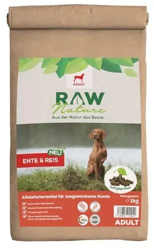 Produktbild: RAW Nature Trockenfutter Adult mit Ente 1kg, kaltgepresstes Hundefutter, Getreidefrei, 100% Muskelfleisch, hoher Fleischanteil, ohne künstliche Zusätze, für alle Rassen und Sensible Hunde geeignet