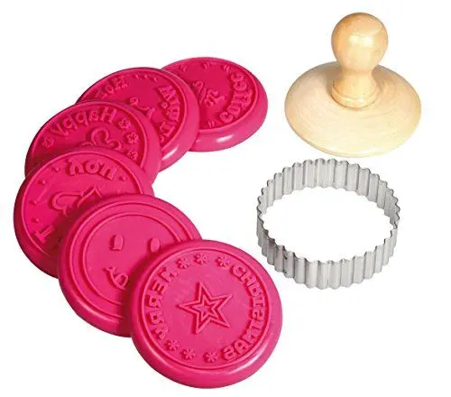 Produktbild: Rayher Hobby 28858000 Keksstempel Set, 8-teilig, 1 Stempelgriff, 1 Ausstechring, 6 Stempelköpfe aus Silikon 7 cm ø, Keksausstecher, rund, Rosa