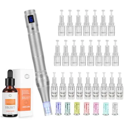 Produktbild: Raylinyee professionelles elektrisch derma pen Microneedling Nadeln 0-2.5 mm und 6 stufen(Inkl.24 köpfe Patronen) & Hyaluron Serum mit Vitamin C, Hyaluronsäure-Gesichtsserum
