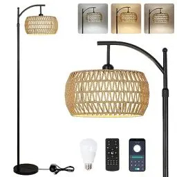 Produktbild: Rayofly Dimmbare Stehlampe Wohnzimmer, Rattan Stehlampe mit Fernbedienung, App-Steuerung, Boho Stehleuchte mit Rattan & Leinen Lampenschirm, Vintage Standleuchte für Schlafzimmer