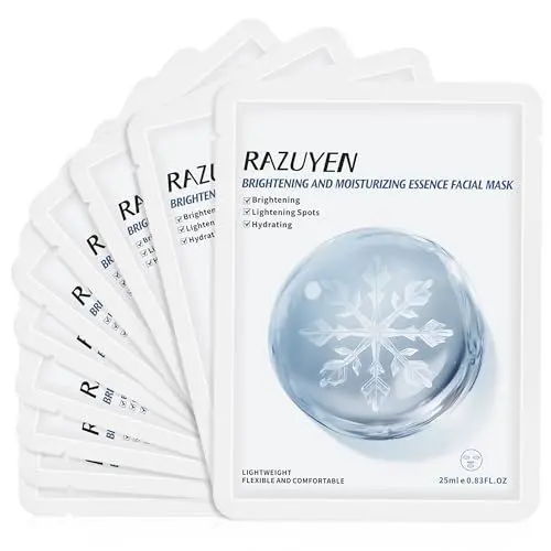 Produktbild: RAZUYEN Glow-Effekt Gesichtsmaske Tuchmaske (10er Pack) mit Eau de Rose, Niacinamid und Hyaluronsäure, für trockene, fahle und matte Haut, reparierende Feuchtigkeitsmaske