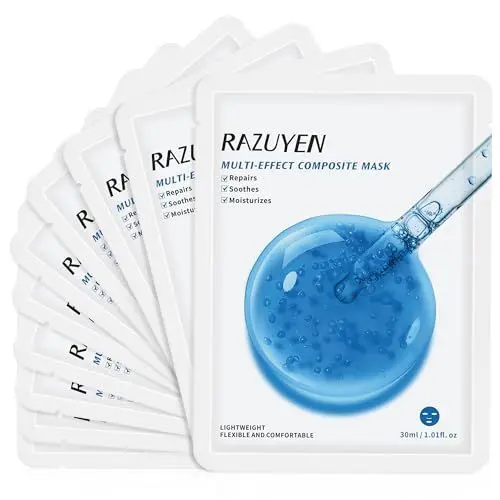 Produktbild: RAZUYEN Reparierende Gesichtsmaske (10 Masken) für trockene und sensible haut, Tuchmasken Gesicht mit Hyaluronsäure, Centella und Panthenol, Revitalisierung und Feuchtigkeitsspendend