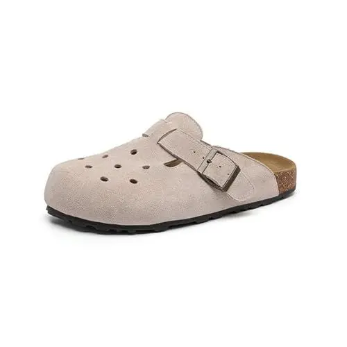 Produktbild: RBCYC Damen Pantoffel mit Fußbett Durchlässige Hauslatschen Herren Clogs mit Korksohle Geschlossene Rounde Zehe Schuhe Flach Absatz Schlappen Casual Draußen EU Size 45 Grau