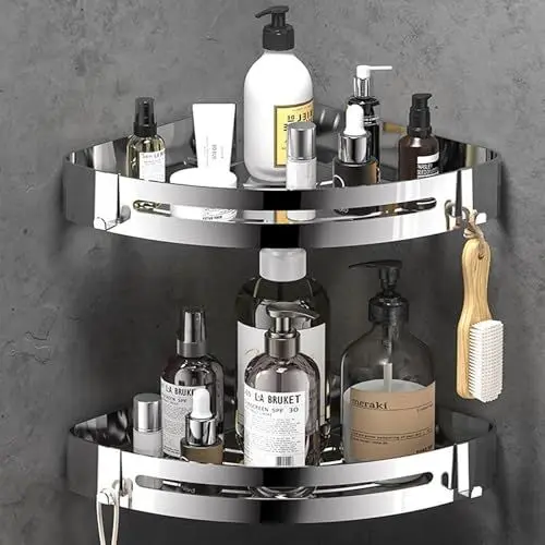 Produktbild: RCQD Duschablage Ohne Bohren,Duschregal Ecke 2 Stück,Duschablage Edelstahl Selbstklebend Mit 4 Haken,Badezimmer Regal Badezimmer Organizer Ohne Bohren für Badezimmer Küche-(Silber)