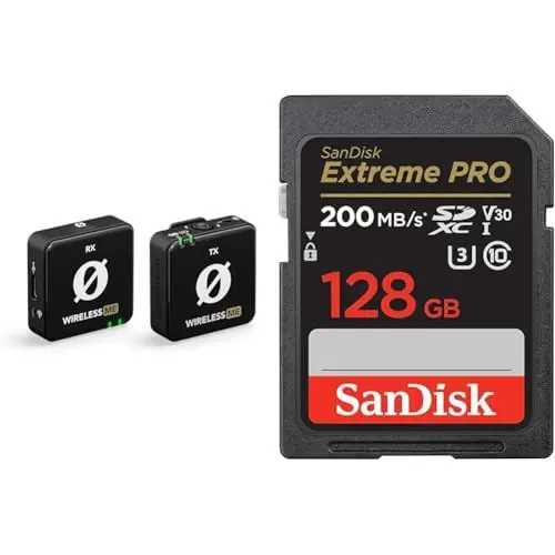 Produktbild: RØDE Wireless ME TX Ultra-kompakter Drahtlos-Mikrofonsystem & SanDisk Extreme PRO SDXC UHS-I Speicherkarte 128 GB