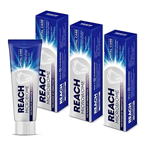 Produktbild: REACH Microbiome Zahnpasta Total Care 120g x 3, Starker Minzgeschmack Zahncreme, Aufhellung Frischer Atem Anti-Plaque, Probiotische Zutaten, Sauber Gesund Zahn Zahnfleisch Zahnstein Hohlraum