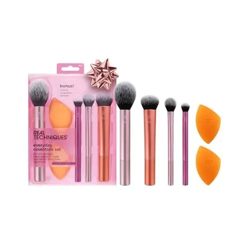 Produktbild: Real Techniques Everyday Essentials + Make-up-Schwamm-Set, 4 Make-up-Pinsel und 2 Blender-Schwämme, für Foundation, Rouge, Bronzer, Lidschatten und Puder, synthetische Borsten, 6-teiliges Set