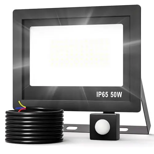 Produktbild: Realky 50W LED Strahler mit Bewegungsmelder, 5000LM Außenstrahler 6500K Superhell Außen Scheinwerfer LED Fluter IP65 Wasserdichter Aussenlampe mit Bewegungsmelder für Garten, Innenhöfe, Hinterhof