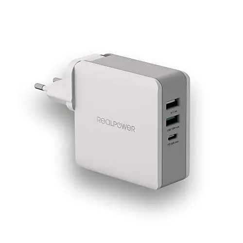 Produktbild: RealPower DeskCharge-65 Travel USB C Ladegerät 65W Power Delivery, USB-C Netzteil mit Reiseadapter, USB C PD Ladegerät für 13''MacBook Pro, iPhone 11 Pro, AirPods Pro, Google Pixel, iPad, Nintendo Swi
