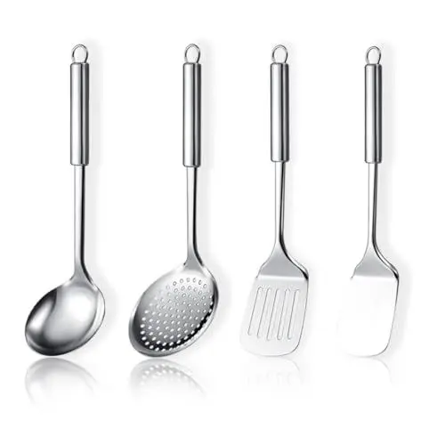 Produktbild: ReaNea Edelstahl Kochutensilien Set 4-teilig, Küchenwerkzeug Set enthält Metallspatel-Set, Küchenabschäumer, Suppenkelle, Küchenhelfer Essentials Neues Zuhause muss haben
