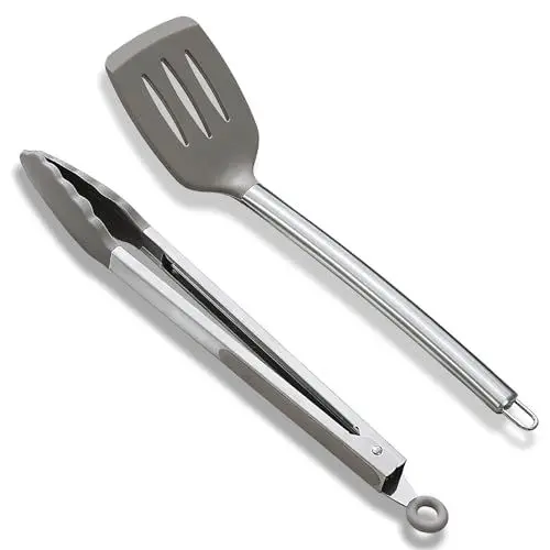 Produktbild: ReaNea Spatel- und Kochzangen-Set, Silikon-Schlitzwender, Küchenzange, hitzebeständiger Griff rutschfest, mit Silikonspitzen, spülmaschinenfest