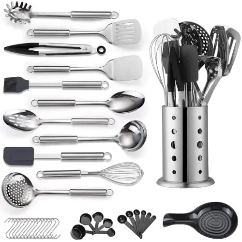 Produktbild: Reanea Küchenutensilien-Set, 39-teilig: Edelstahl Kochutensilien mit Utensilienhalter, spülmaschinenfest