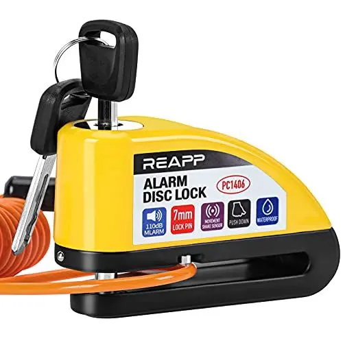 Produktbild: REAPP Bremsscheibenschloss, Motorrad Schloss Alarm 110db, Hochsicherheits Motorradschloss mit 1.5m Rückrufkabel und Schlosstasche, Alarmanlage für Moto, Moped, Fahrrad, Scooter (mit Scheibenbremse)