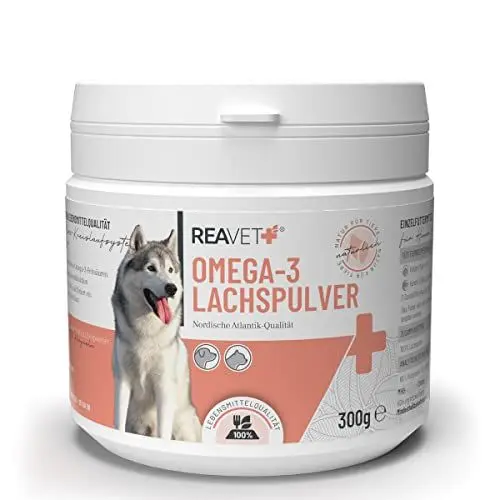 Produktbild: ReaVET Lachsöl Pulver Hunde & Katzen 300g Lachspulver I Omega 3 & 6 Barf Zusatz Hund I Alternative zu Lachsöl I Futterzusatz für Gelenke & Fellpflege, Lachsmehl