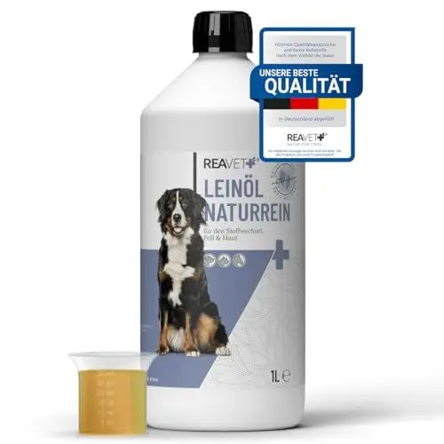 Produktbild: ReaVET Leinöl für Hunde & Pferde 1 Liter I Leinöl Hund Kaltgepresst, Nativ, Reich an Omega 3 & 6 Fettsäuren I Barf-Zusatz, Hochwertiges Barf Öl Hund, Katze, Pferd