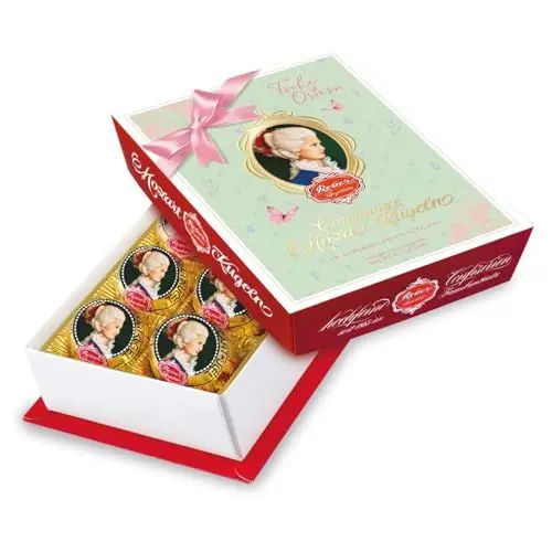 Produktbild: Reber, Constanze Mozart-Kugeln Barock, 6er Osternpackung, Mozart-Kugeln aus Alpenmilch- und Zartbitter-Schokolade, Gefüllt mit Pistazien-Marzipan, Mandeln und Haselnuss-Nougat, 120g (6 Mozart-Kugeln)