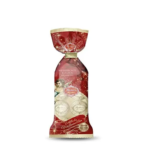 Produktbild: Reber Edelmarzipan-Kugeln – 8er Confiserie-Tüte in der Weihnachts-Edition – Zartbitter-Schokolade und Marzipan