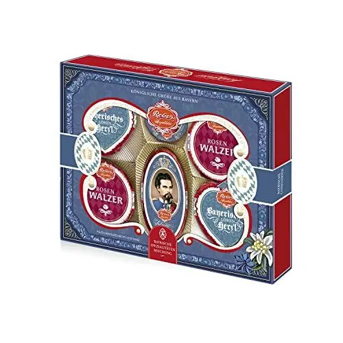 Produktbild: Reber Geschenkpackung Bayern – 6er Packung – Bayerisches Herz'l, Rosenwalzer-Törtchen, König-Ludwig-Pastete und König-Ludwig-Kugel