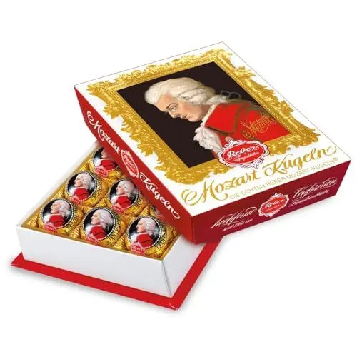 Produktbild: Reber, Mozart-Kugeln Barock, 12er Packung, Mozart-Kugeln aus Zartbitter-Schokolade, Gefüllt mit Pistazien-Marzipan, Mandeln und Haselnuss-Nougat, 240g (12 Mozart-Kugeln)