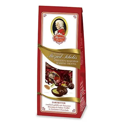 Produktbild: Reber Mozart-Schokis, Mini-Pralinés, Zartbitter-Schokolade, Sahne-Trüffel, Pistazien-Marzipan, Tolles Geschenk, 4 x 100 g