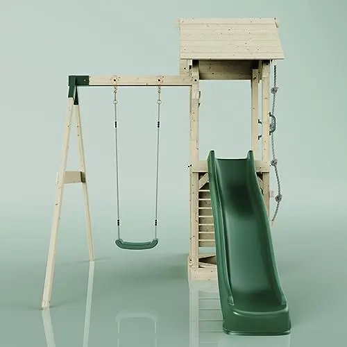 Produktbild: Rebo Spielturm mit Wellenrutsche und Kinder-Schaukel | Outdoor Klettergerüst Garten | Kletterseil und Kletterleiter | Stabile Konstruktion, Weiches Gefühl in den Seilen