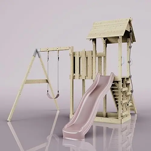 Produktbild: Rebo Spielturm mit Wellenrutsche und Kinder-Schaukel | Outdoor Klettergerüst Garten mit Plattform | Kletterseil und Kletterleiter | Stabile Konstruktion, Weiches Gefühl in den Seilen