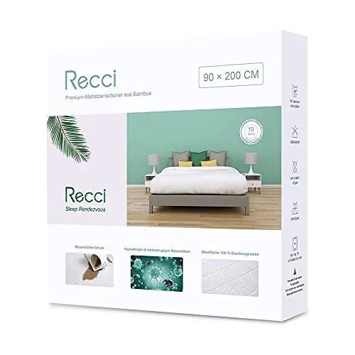 Produktbild: RECCI Bambus Wasserdichter Matratzenschoner 180 x 200 cm, Atmungsaktiv Matratzenauflage, Anti-Allergie, gegen Milben, Matratzenschutz für Baby Kinder Haustier (180 x 200 ) 1 Stück